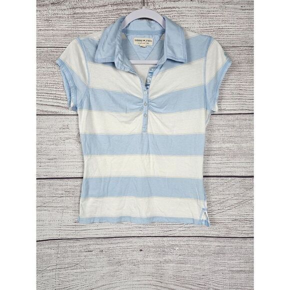 Tommy Hilfiger Collared Striped Short Sleeve Shirt Blue and White Size Large - Picture 1 of 4